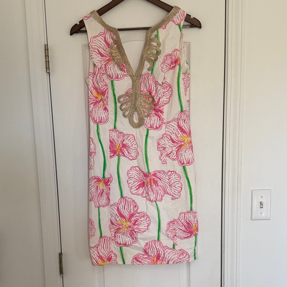Lilly Pulitzer Pink Floral Mini Dress with Gold Trim